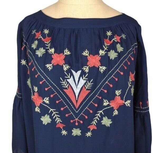 Loft Embroidered Bell Sleeve Boat neck Lightweight Navy Blouse XS - Picture 7 of 16